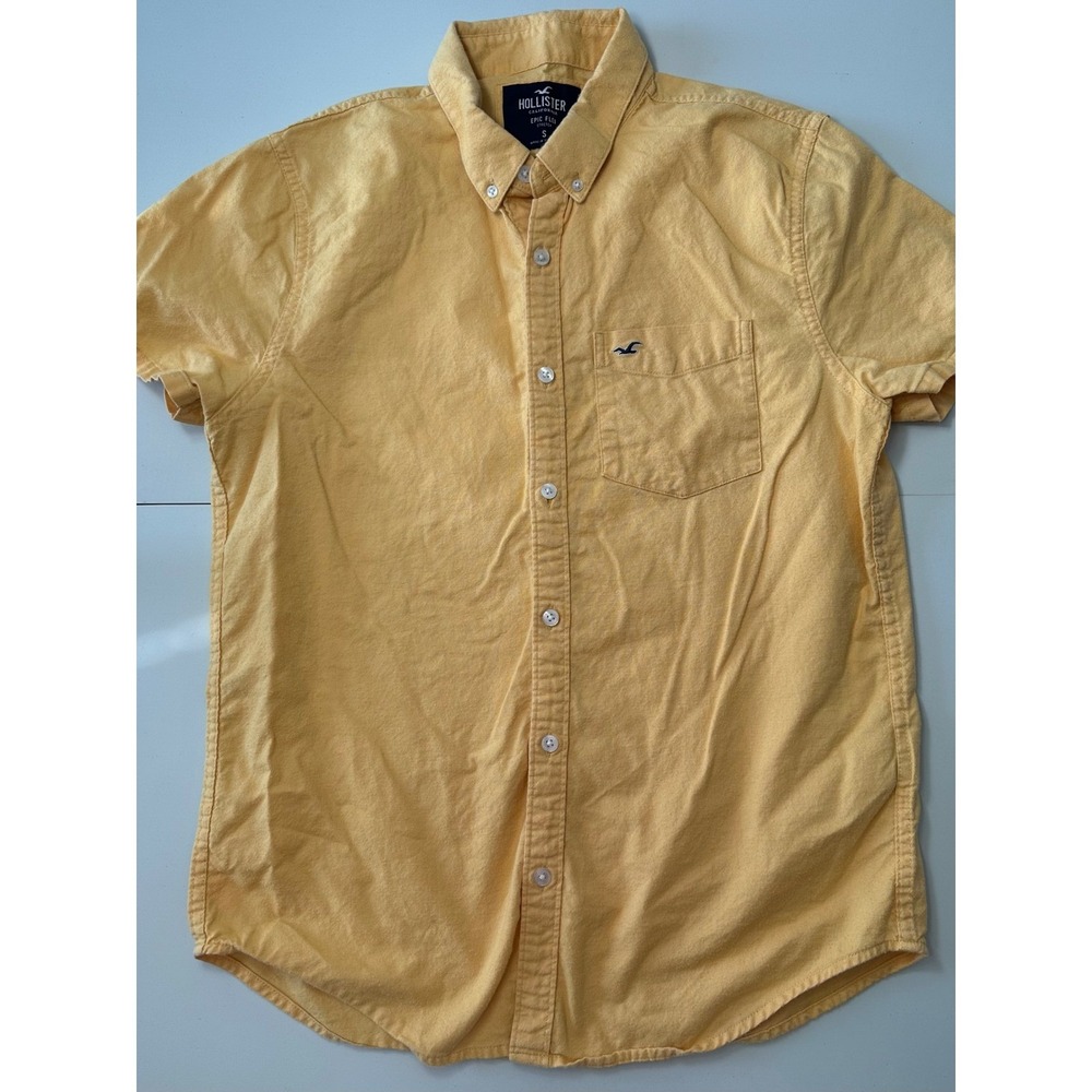 Hollister Mens Epic Flex Stretch Short Sleeve Button Down Shirt Yellow Small